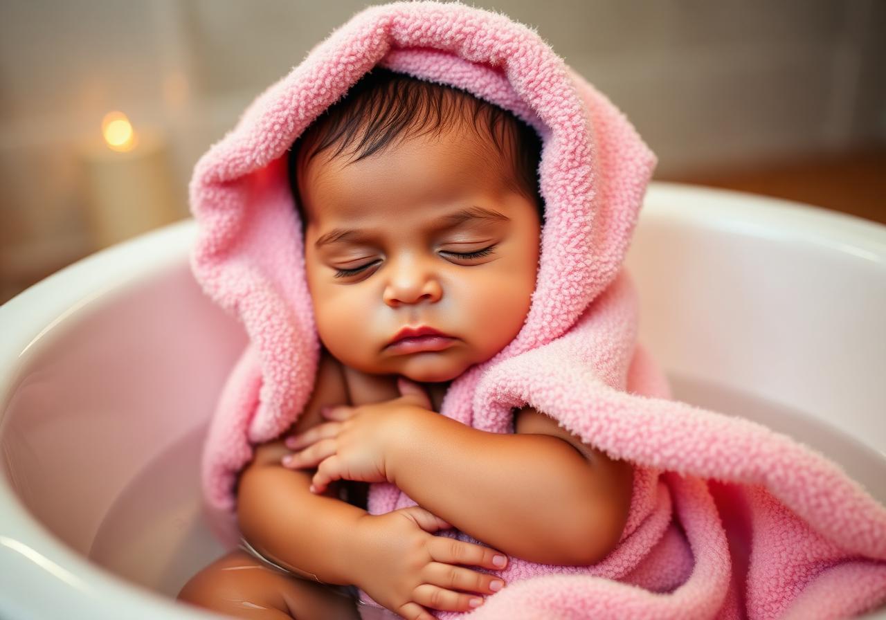 Baby in pluizige handdoek na het floaten